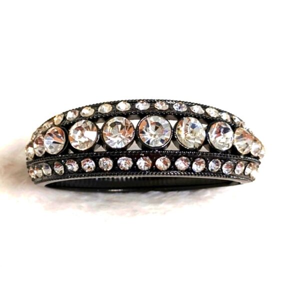 Vintage Gunmetal and Clear Rhinestone Hinged Bracelet - Picture 9 of 14